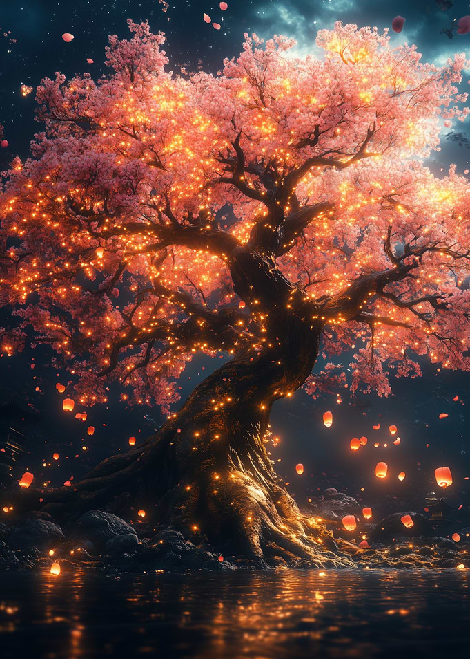 Glowing Cherry Blossom Tree at Night