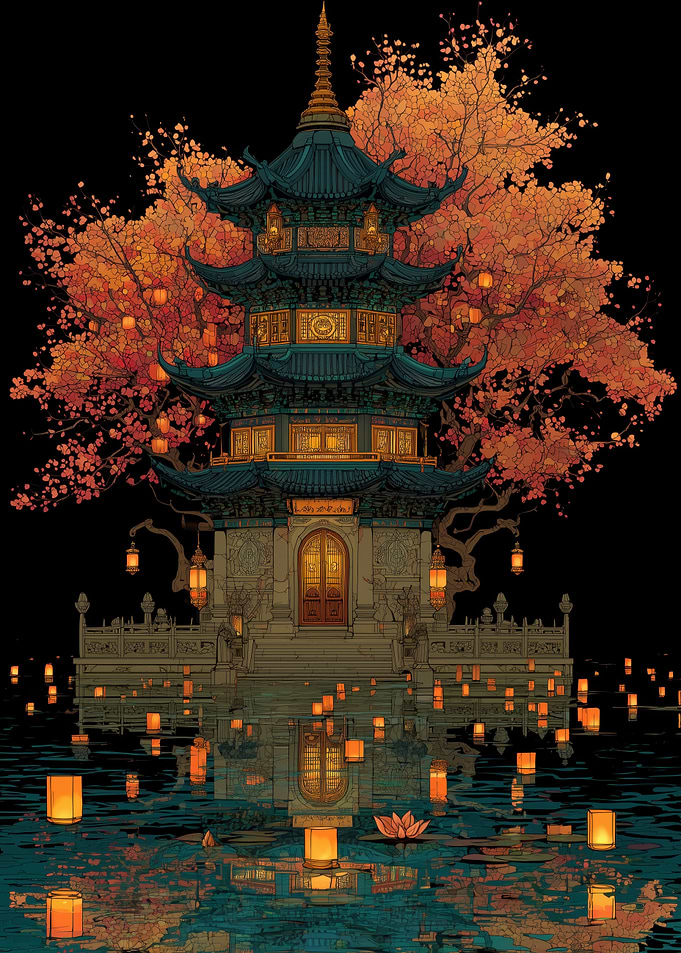 Japanese Pagoda with Lanterns on Water