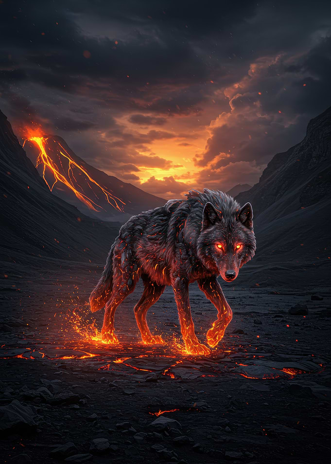 Fiery Wolf in Volcanic Landscape