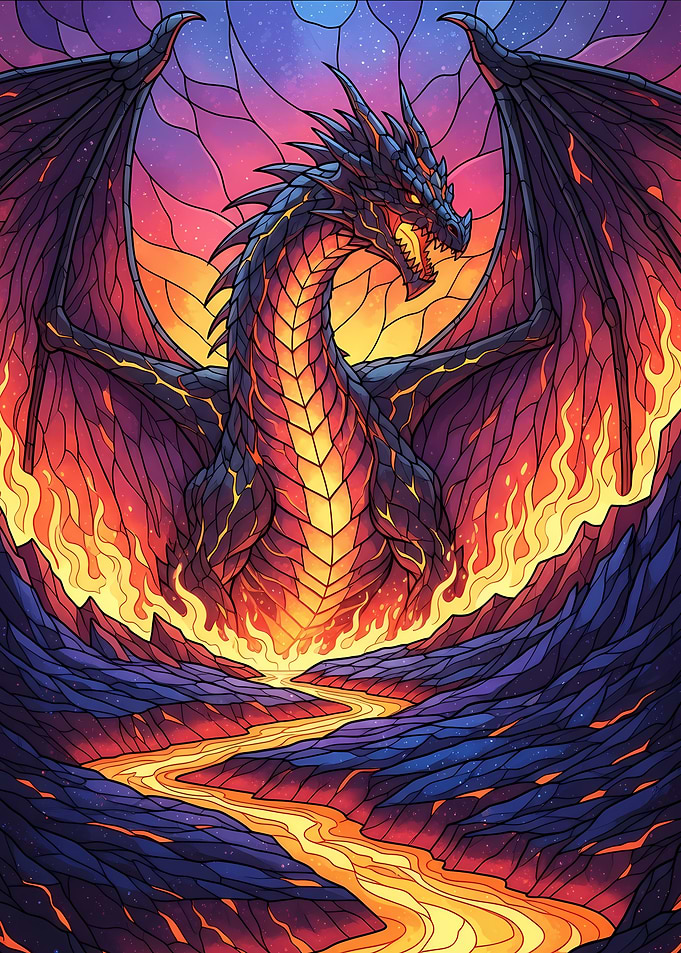 Fiery Dragon Stained Glass Art