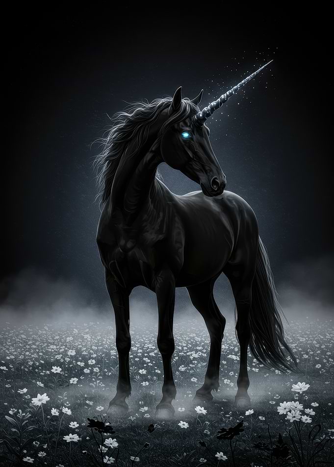 Mystical Black Unicorn in Flower Field
