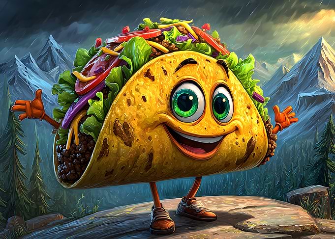 Cartoon Taco Character in Mountain Landscape