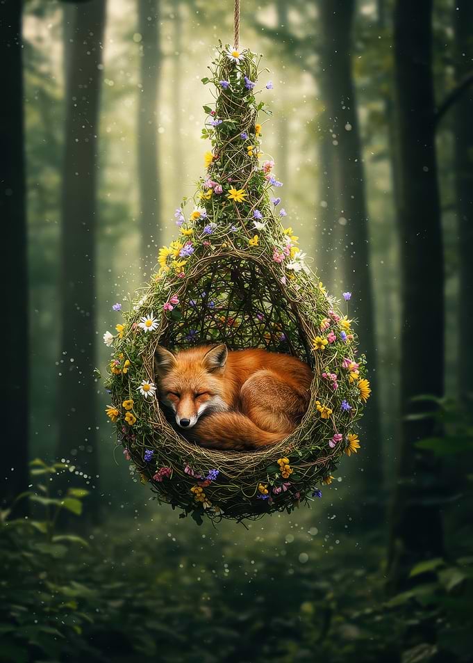 Sleeping Fox in Floral Nest