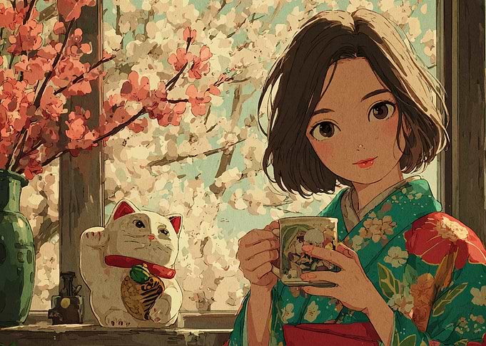 Anime Girl with Tea and Lucky Cat