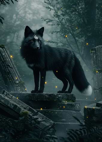 Mystical Black Fox in Ancient Ruins