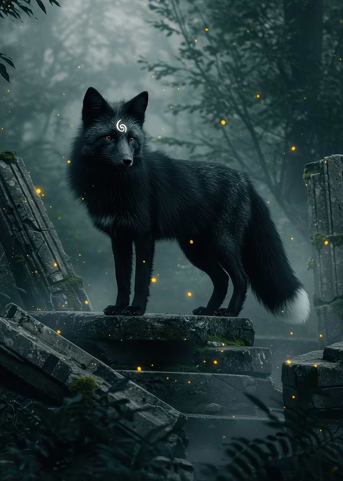 Mystical Black Fox in Ancient Ruins