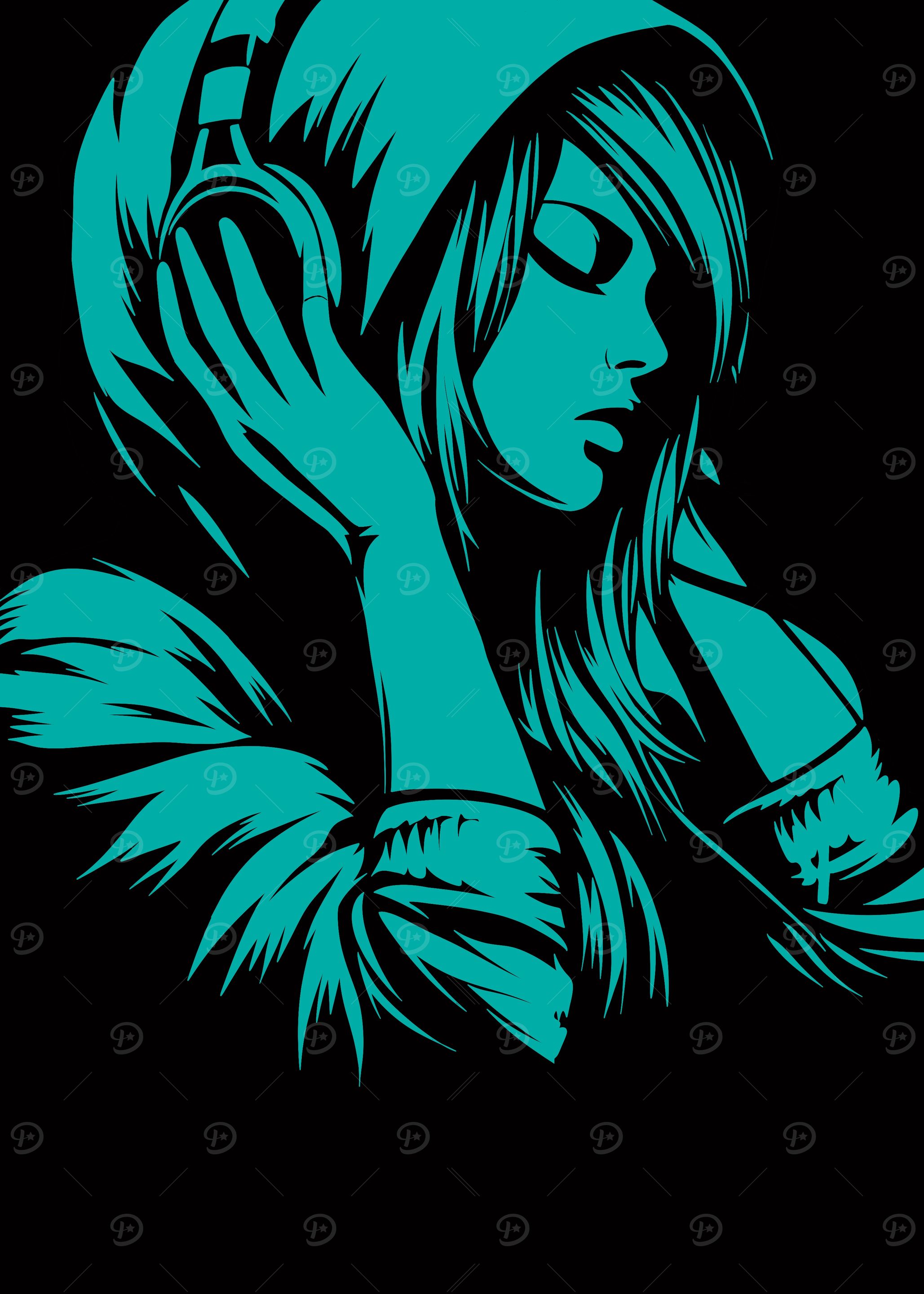 Girl with Headphones in Teal