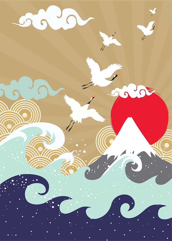 Japanese Landscape with Cranes and Waves
