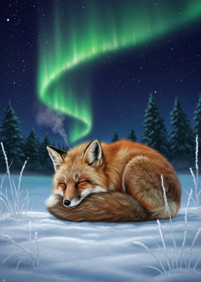 Sleeping Fox Under Aurora Borealis