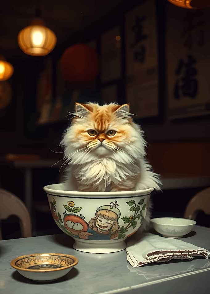 Cat in Bowl with Asian Decor