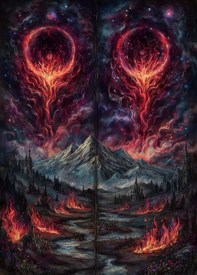 Fiery Landscape with Celestial Rings