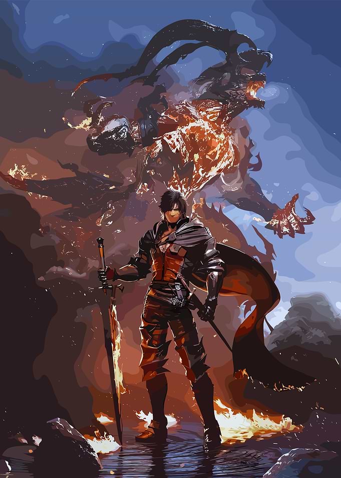 Warrior and Fiery Beast Digital Art