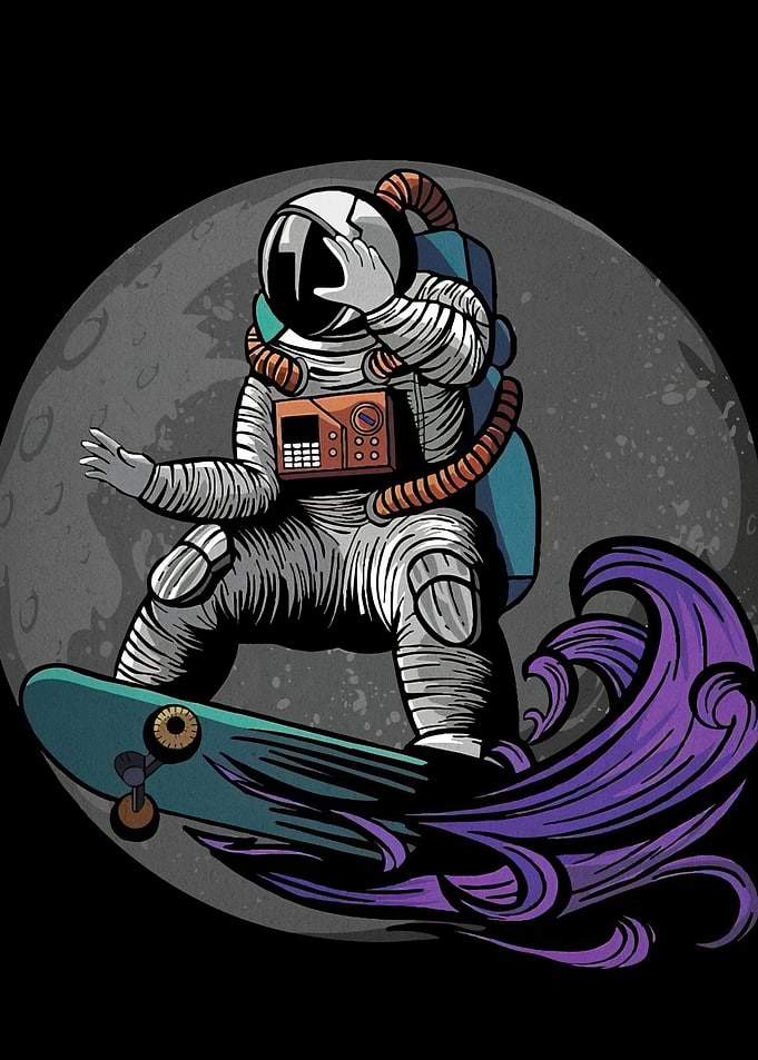 Astronaut skateboarding space