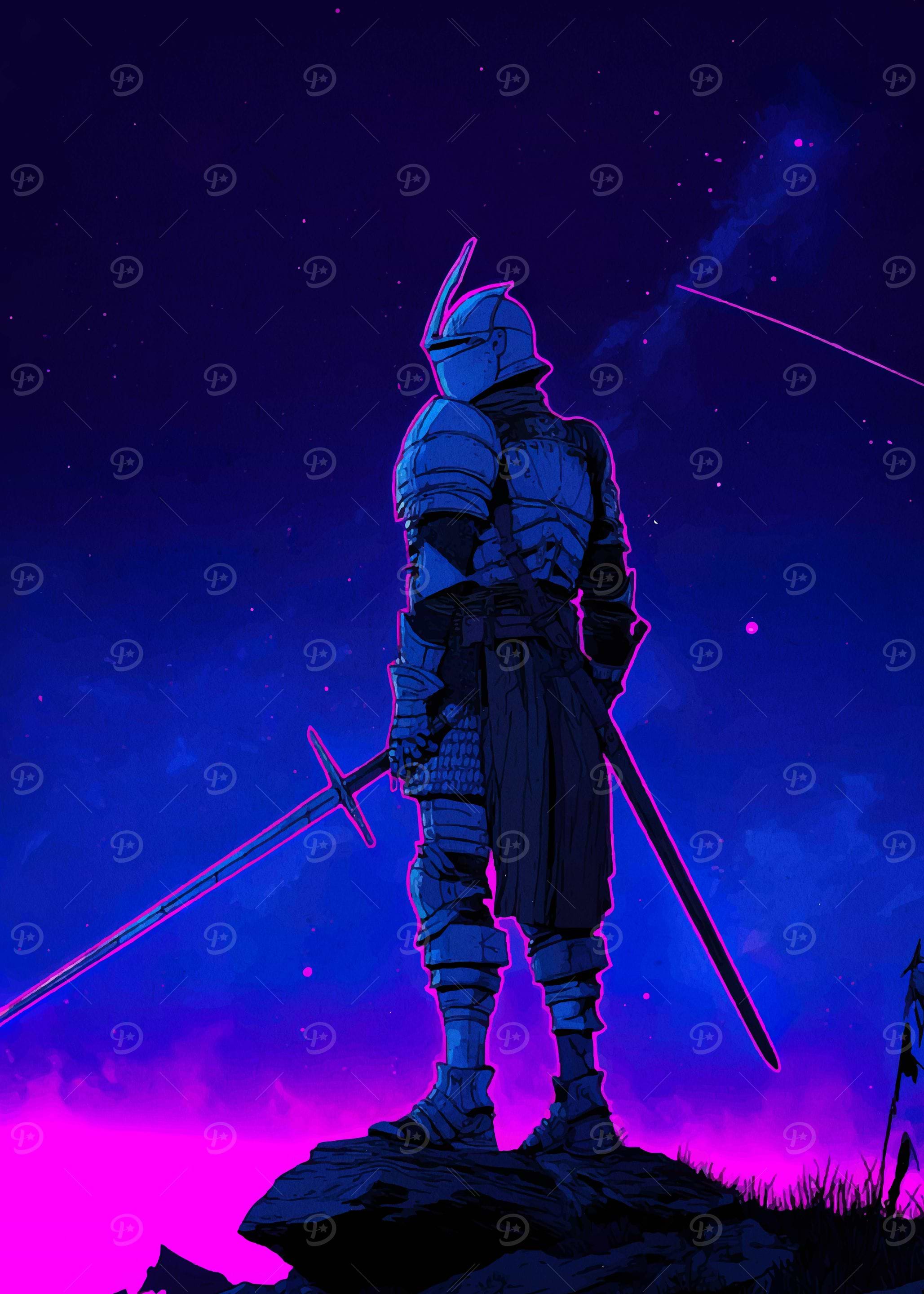 Neon Knight Standing on a Cliff