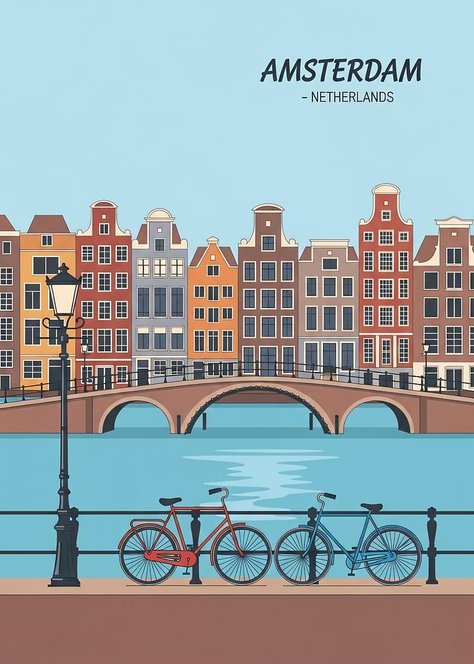 Amsterdam Netherlands Cityscape, Travel poster