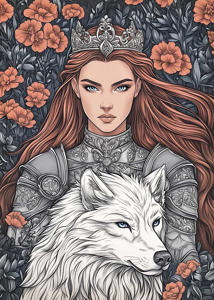 Queen with Wolf and Floral Background