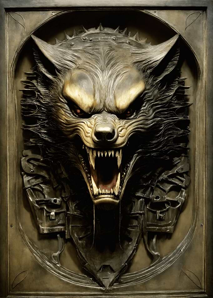 Wolf Head Carving with Red Eyes