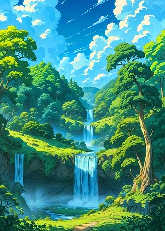 Lush Green Waterfall Landscape