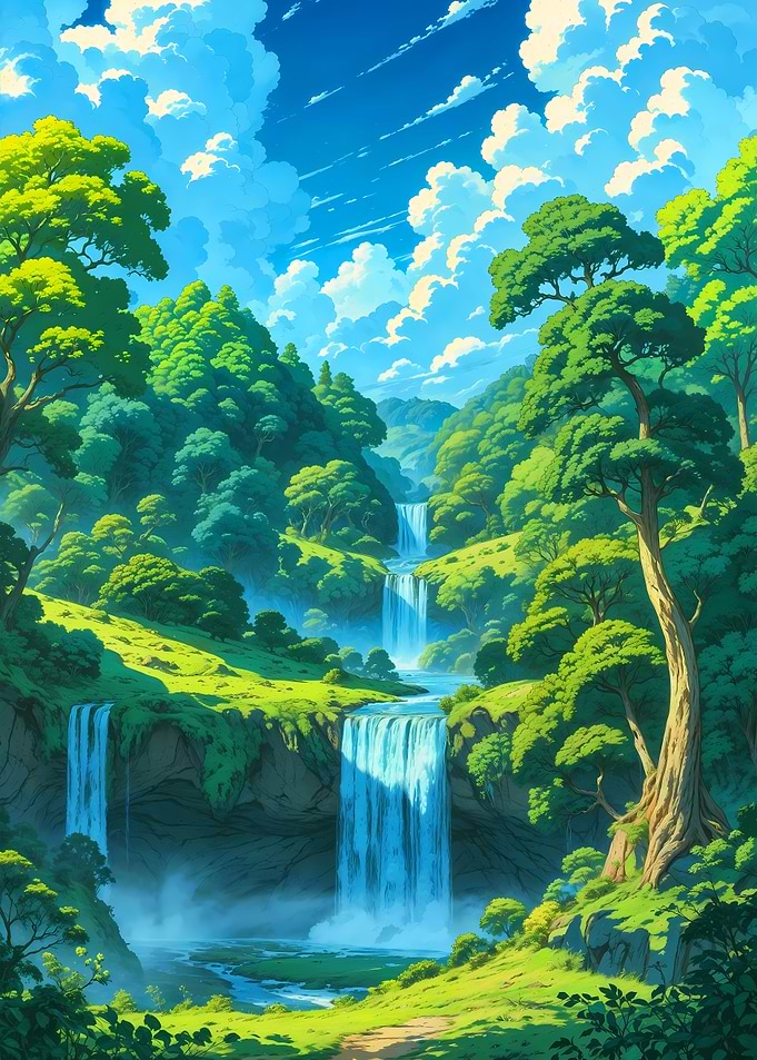 Lush Green Waterfall Landscape