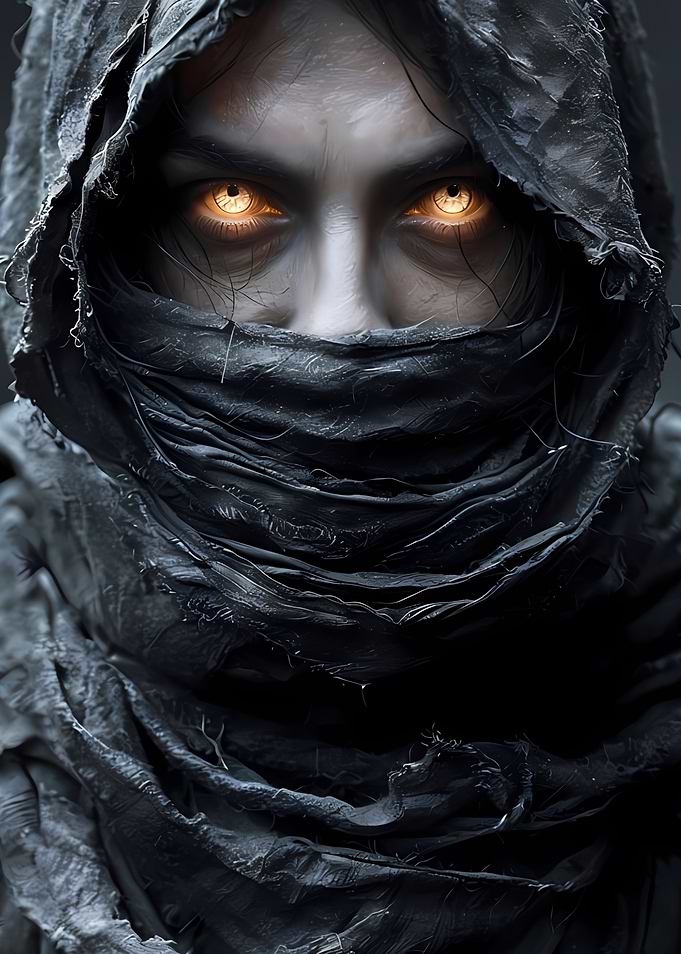Mysterious hooded figure with glowing eyes