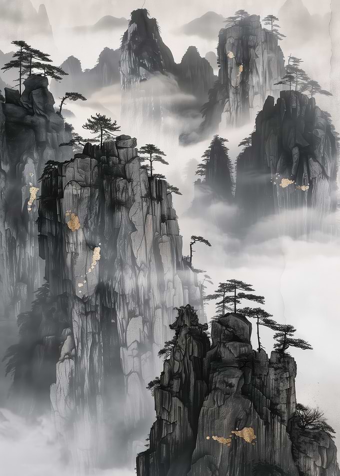 Misty Mountain Landscape with Pine Trees