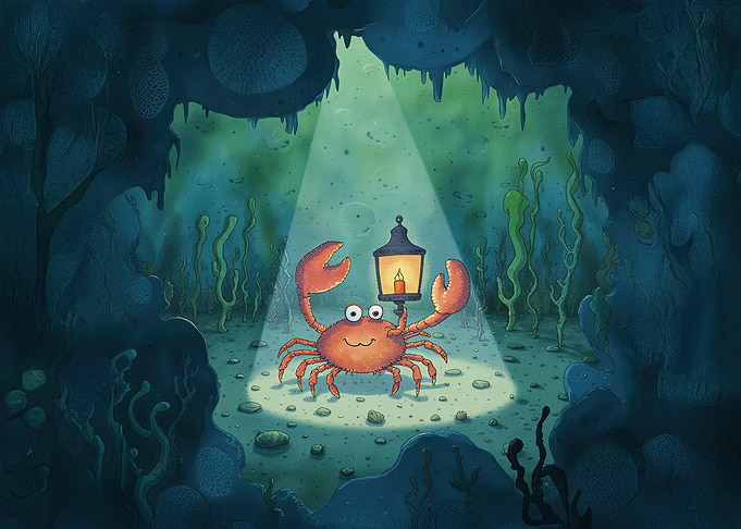 Cartoon Crab with Lantern in Cave