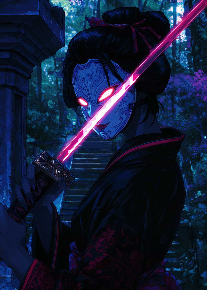 Masked Warrior with Glowing Sword