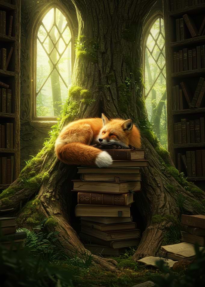 Fox Sleeping on Books in Library