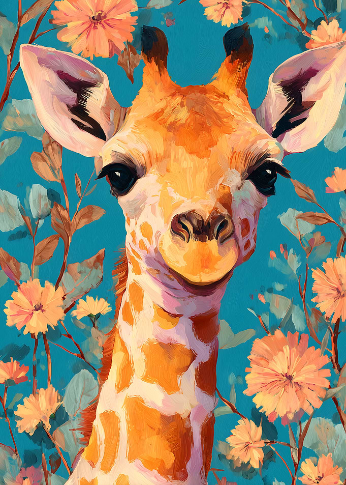 Giraffe Portrait with Floral Background
