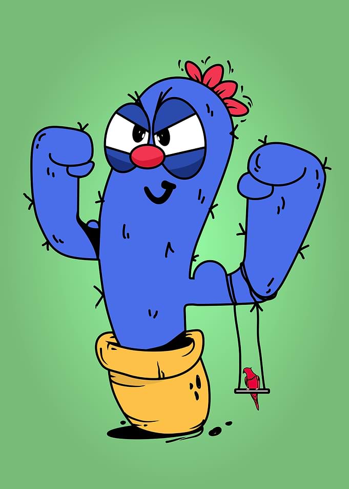 Cartoon Cactus with Bird on Swing