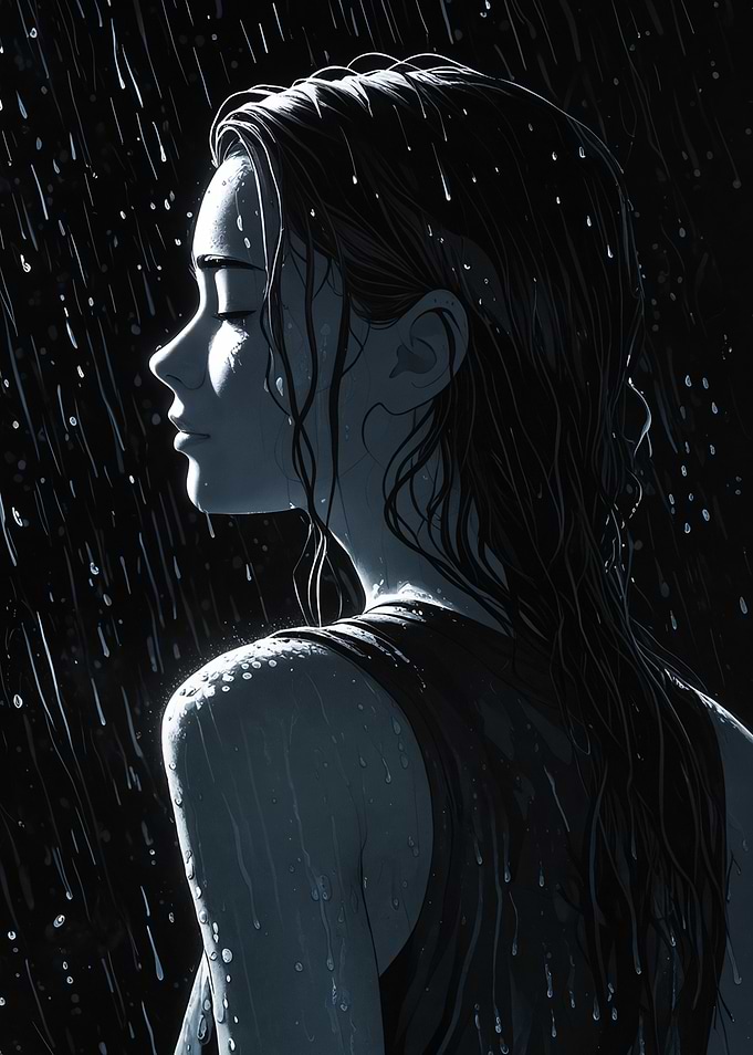 Woman in Rain, Profile View
