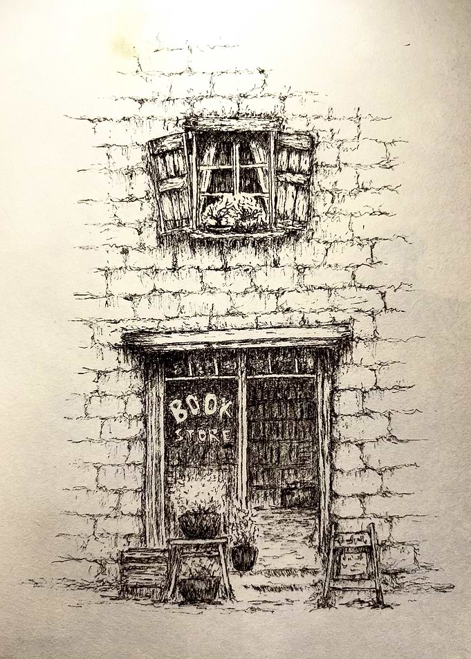 Bookstore Illustration with Window and Flowers