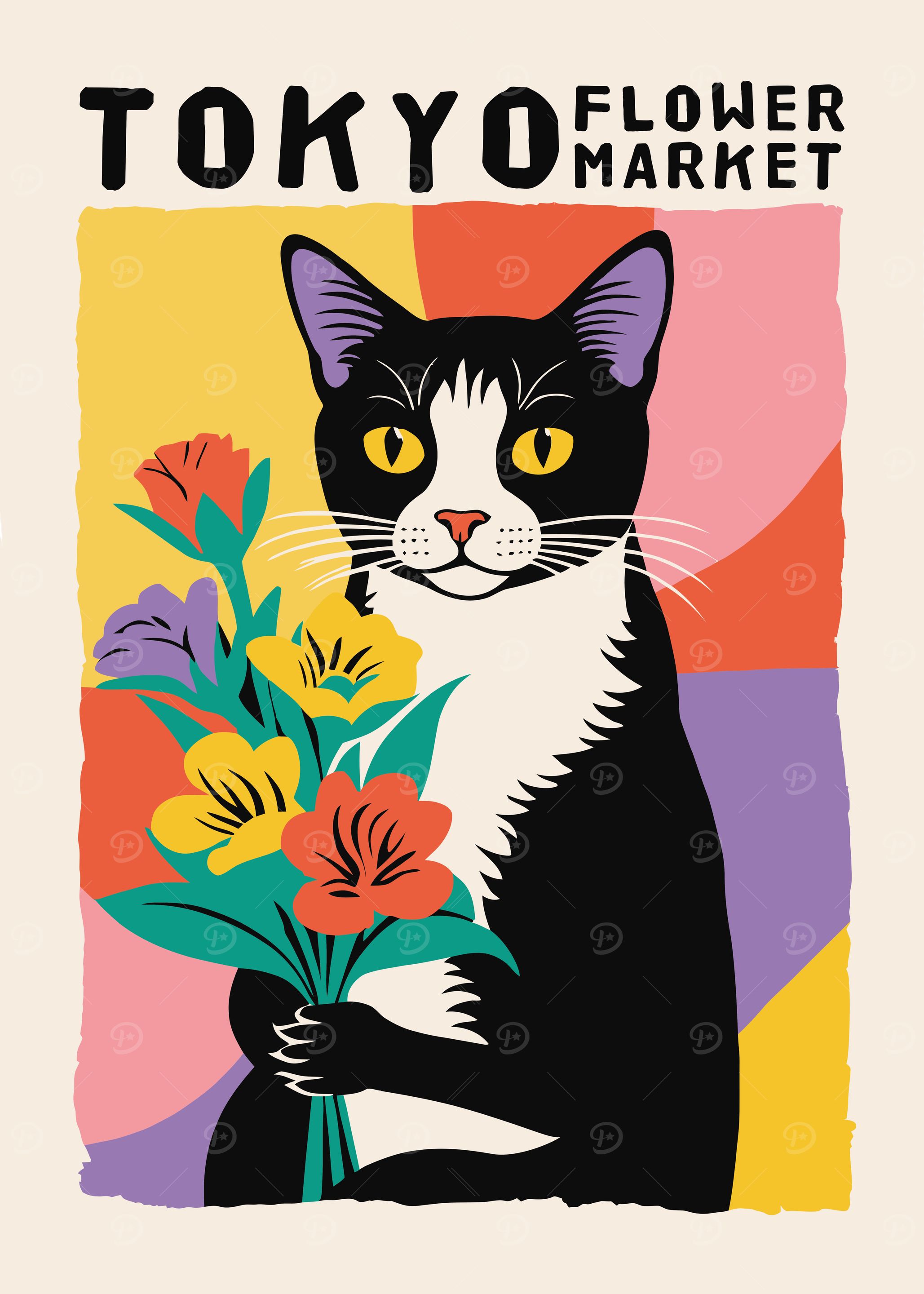 Tokyo Flower Market Cat Art Print