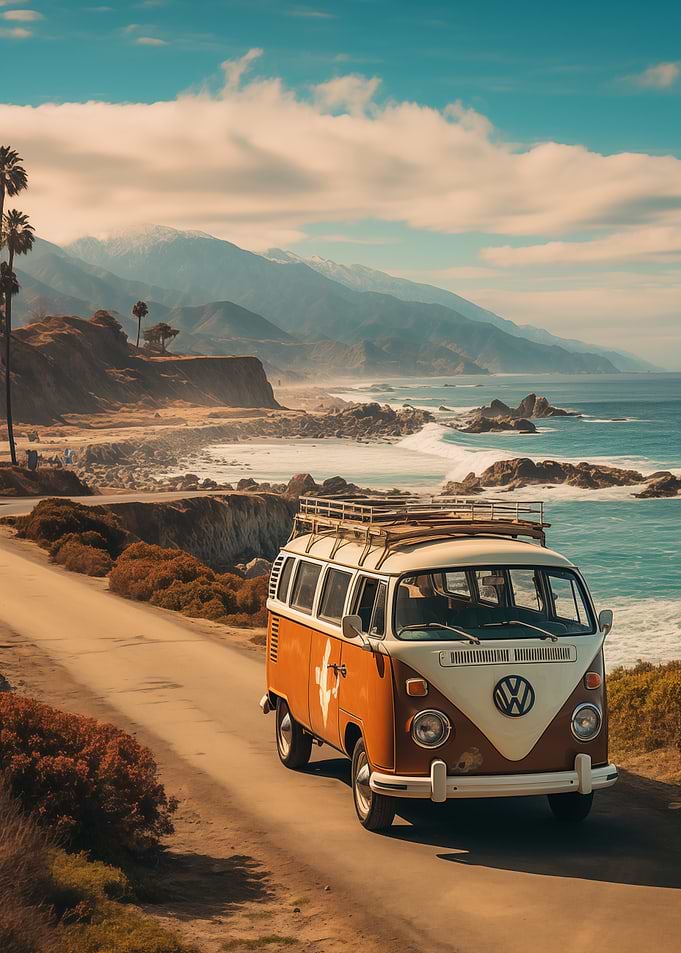 Vintage VW Bus on Coastal Road