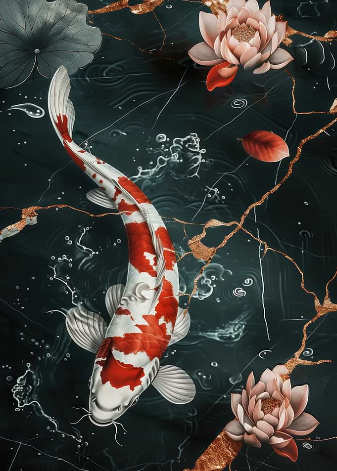 Koi Fish and Lotus Flower Art