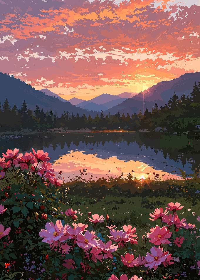 Sunset Lake with Flowers