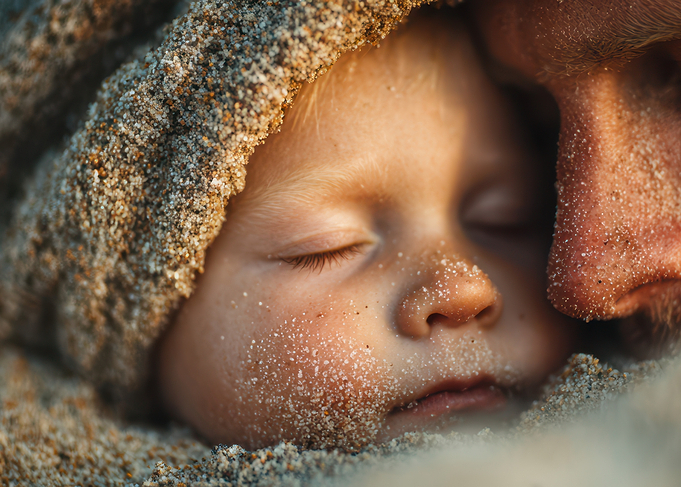 Baby Sleeping Covered in Sand