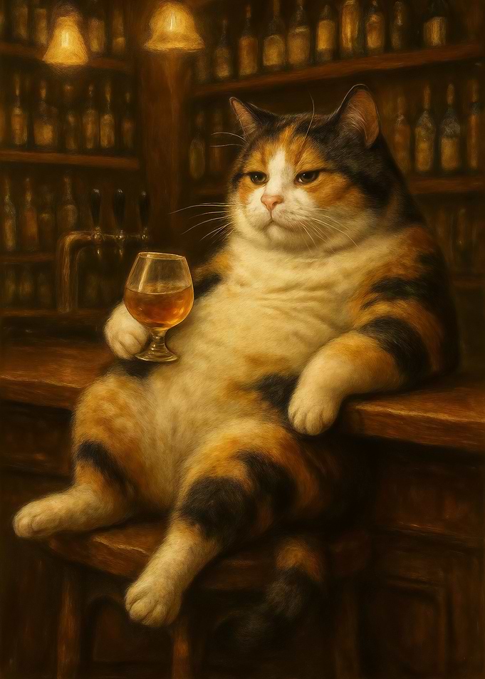 Calico Cat Drinking at the Bar