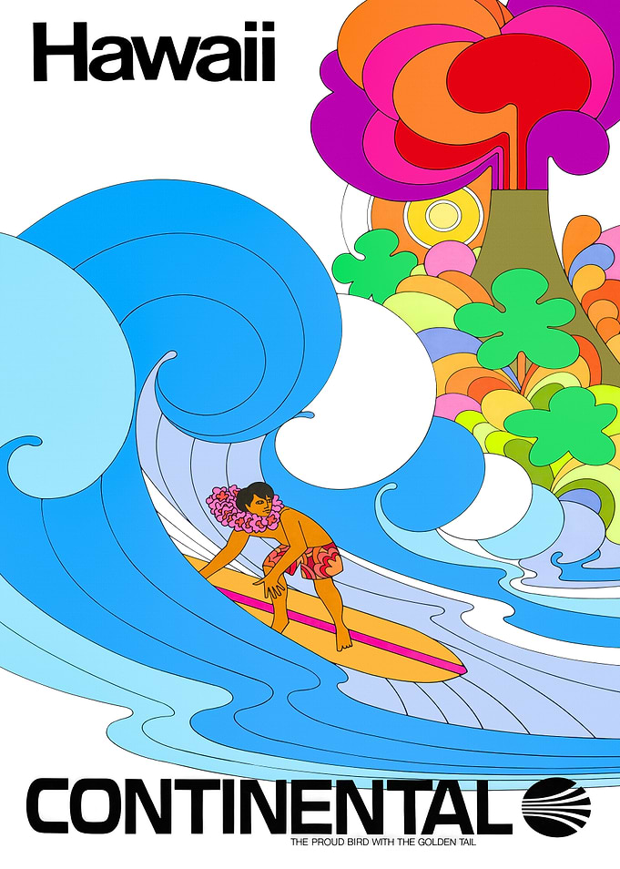 Hawaii Continental Surfing Retro Poster