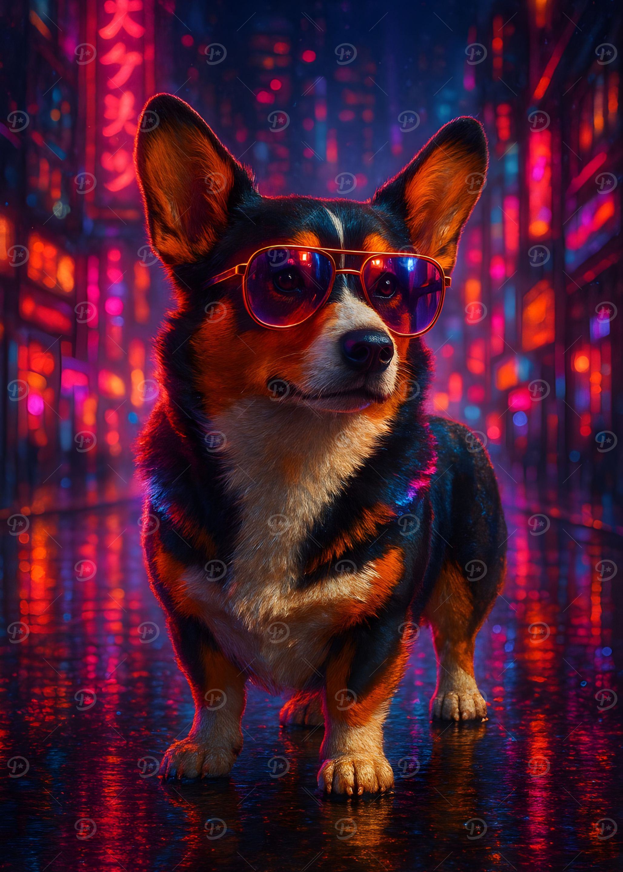 Neon Nights: Tricolor Corgi in the City