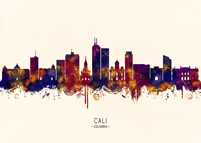 Cali Colombia Skyline Watercolor Silhouette
