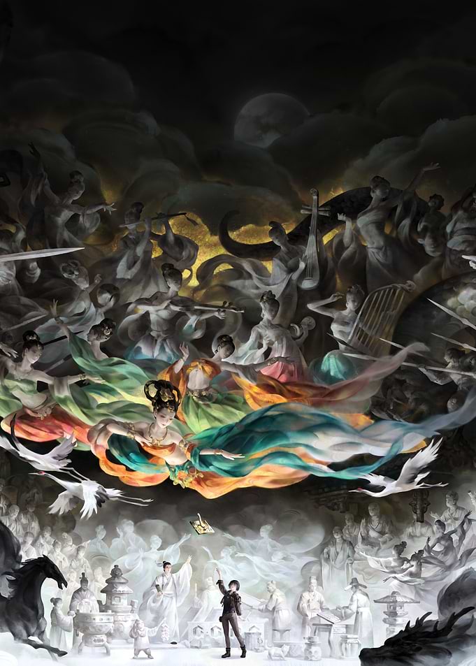 Fantasy Scene with Asian and Modern Figures