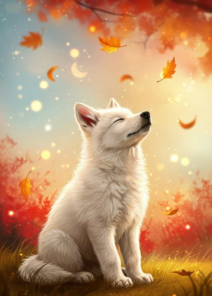 White Puppy in Autumn Leaves