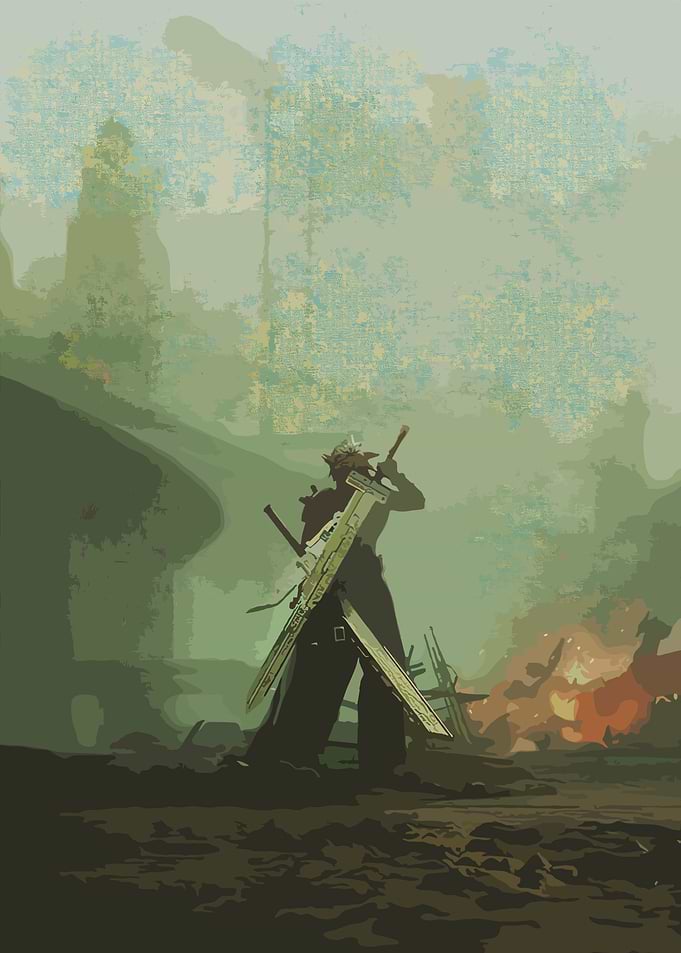 Cloud Strife in a desolate landscape