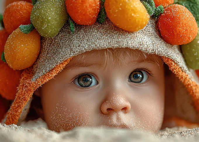 Baby in Fruit Hat Close-Up