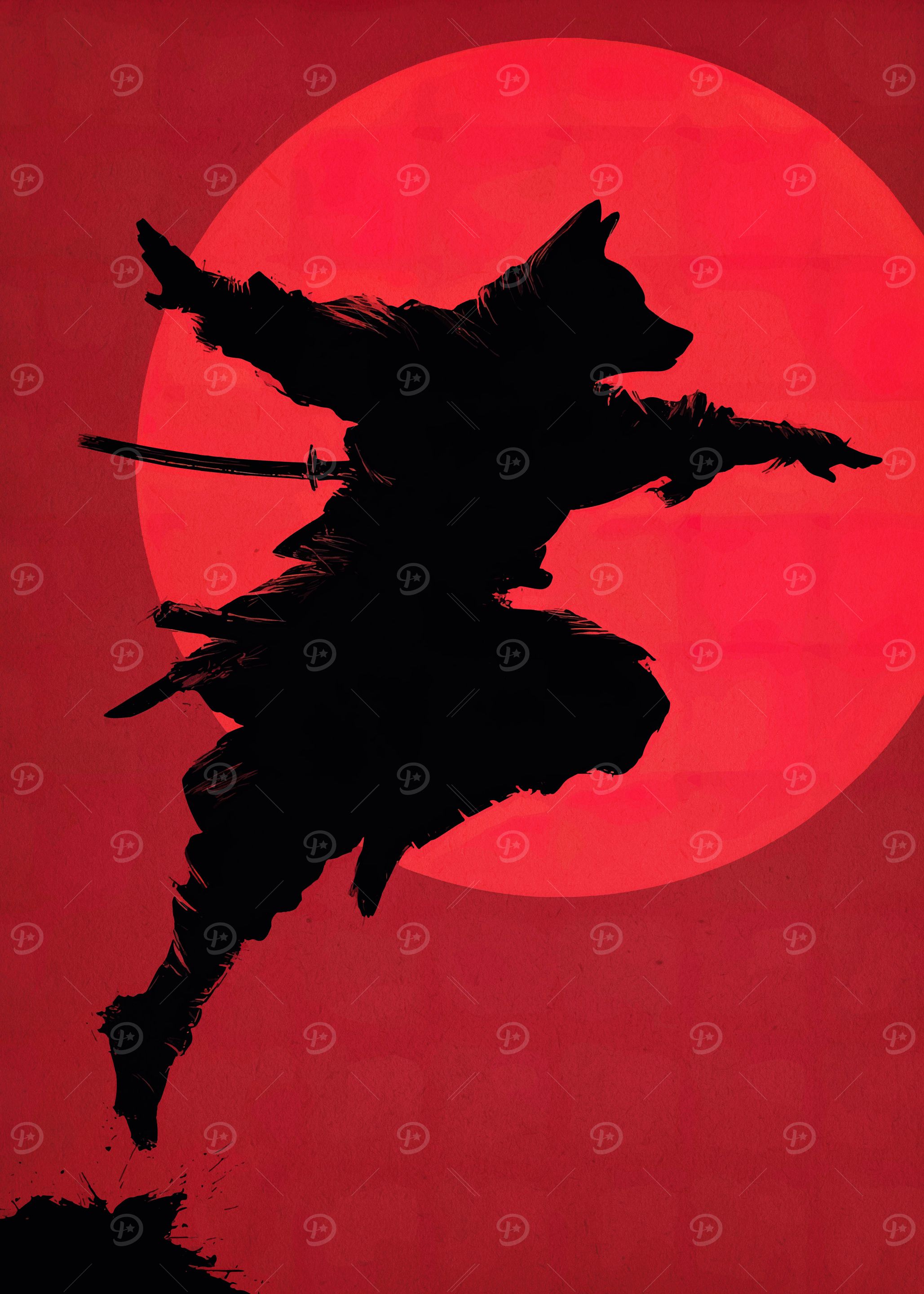 Wolf Samurai Silhouette Against Red Moon