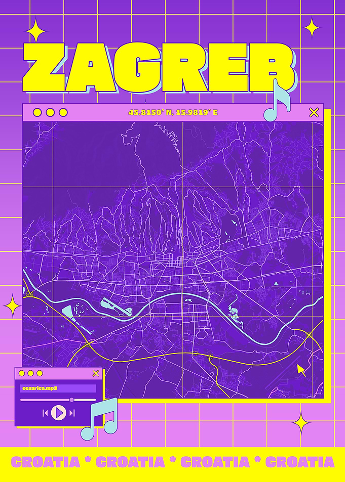 Zagreb Map Art - Retro Aesthetic