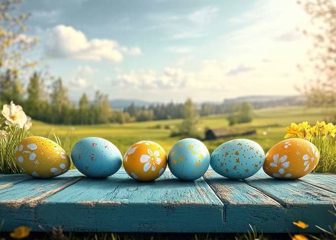 Colorful Easter Eggs on Wooden Table