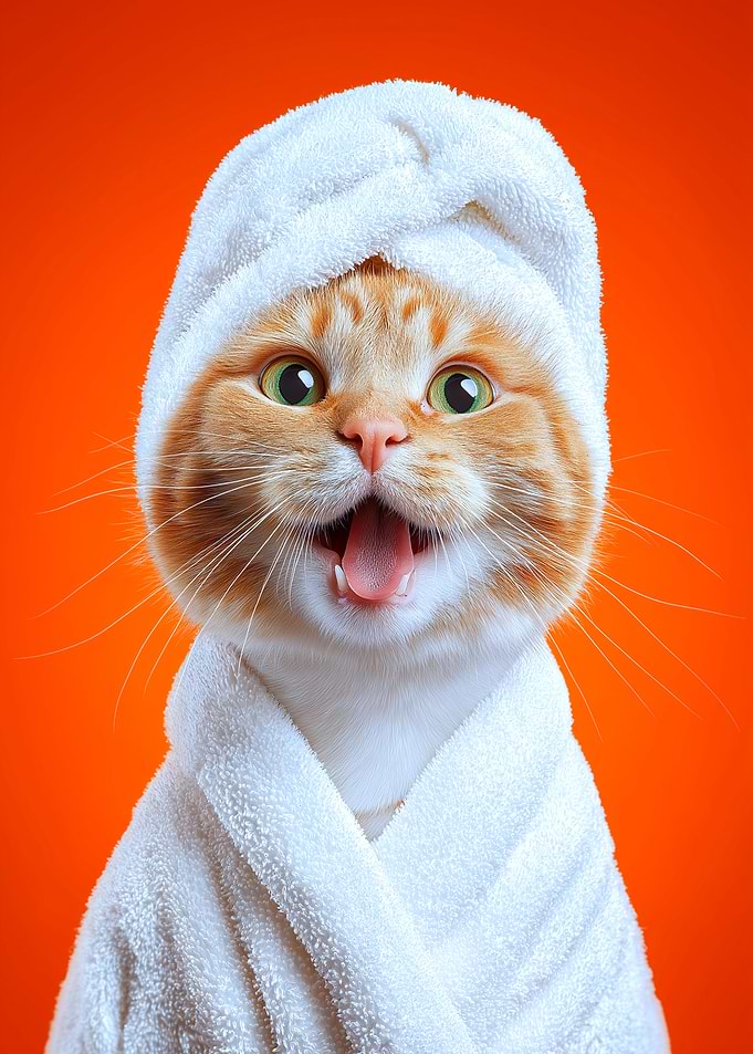 Cat in Spa Towel and Robe