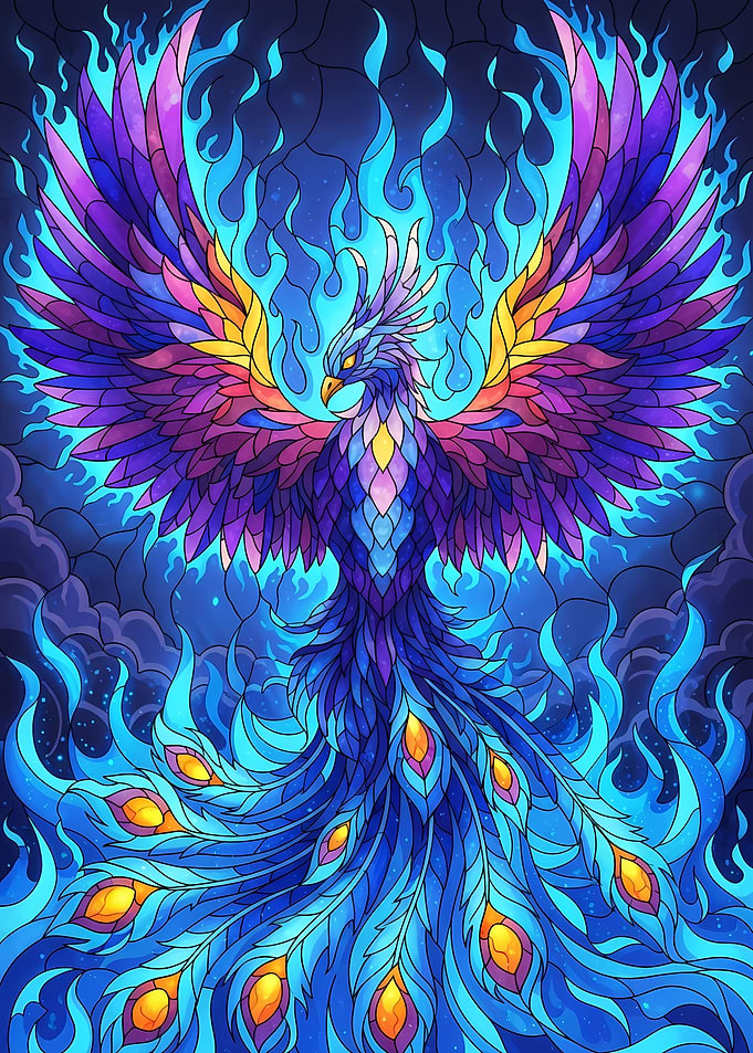 Colorful Phoenix with Blue Flames